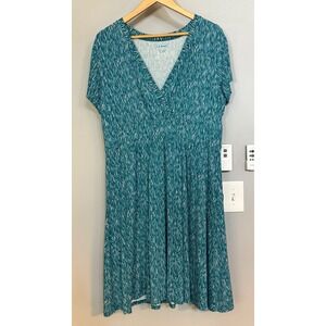 LLBean Summerknit Dress S S Print V Neck Midi‎ Womens XL Pet Teal White Pink